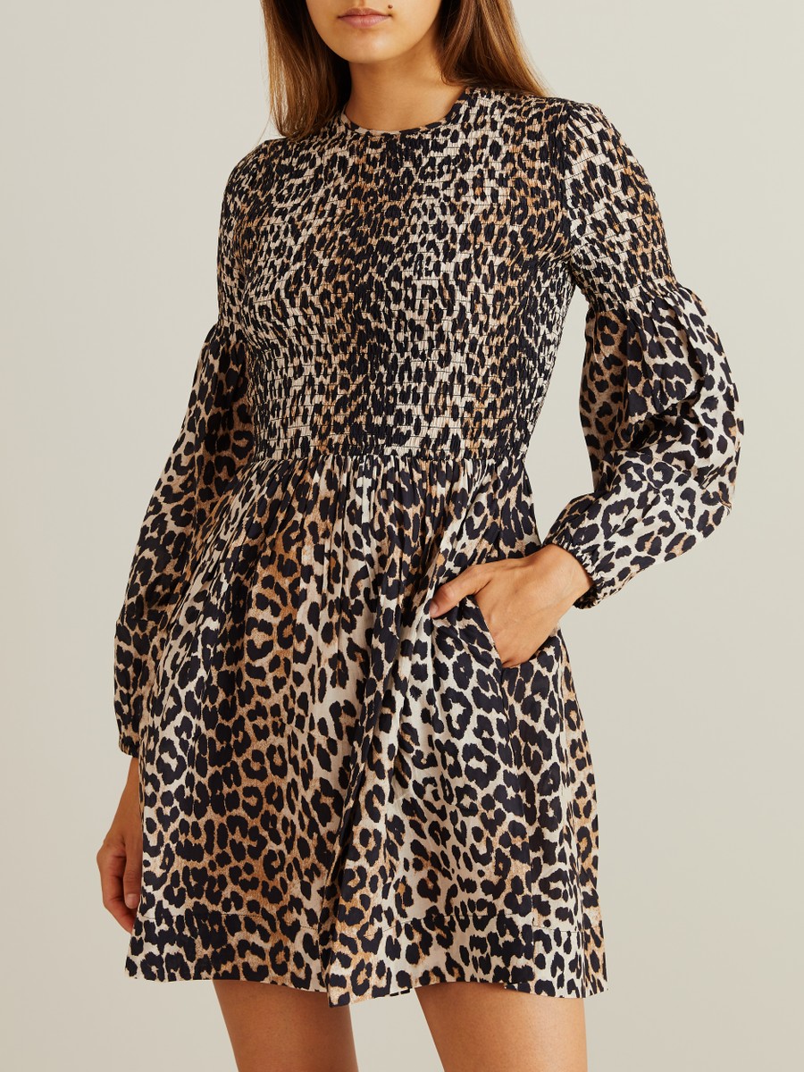 Ganni Leopard Print Cotton Silk Dress Multi Colored Sommerkjoler