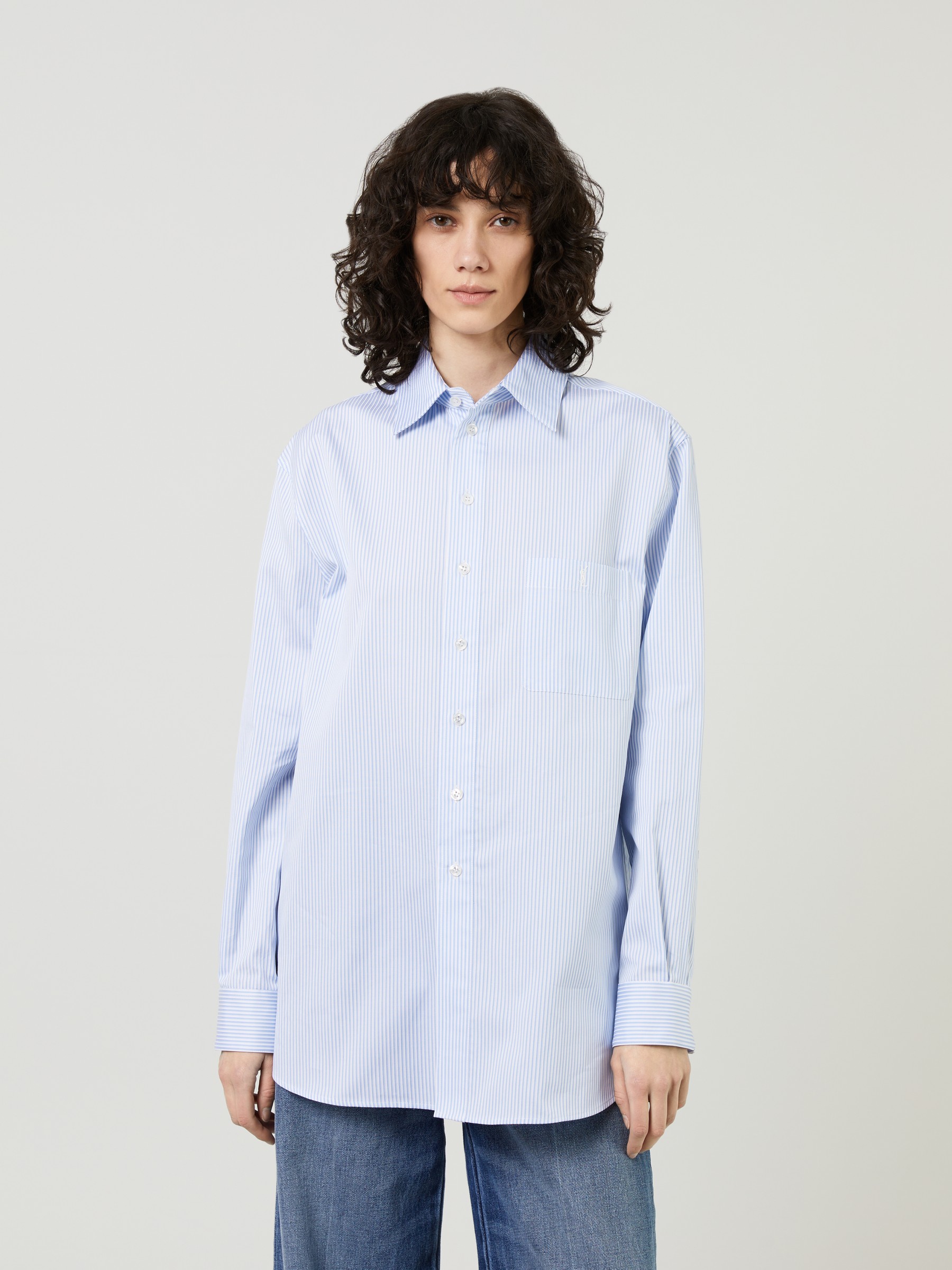 Saint Laurent Cassandre Shirt in Striped Cotton Poplin - Blue - Women - 40