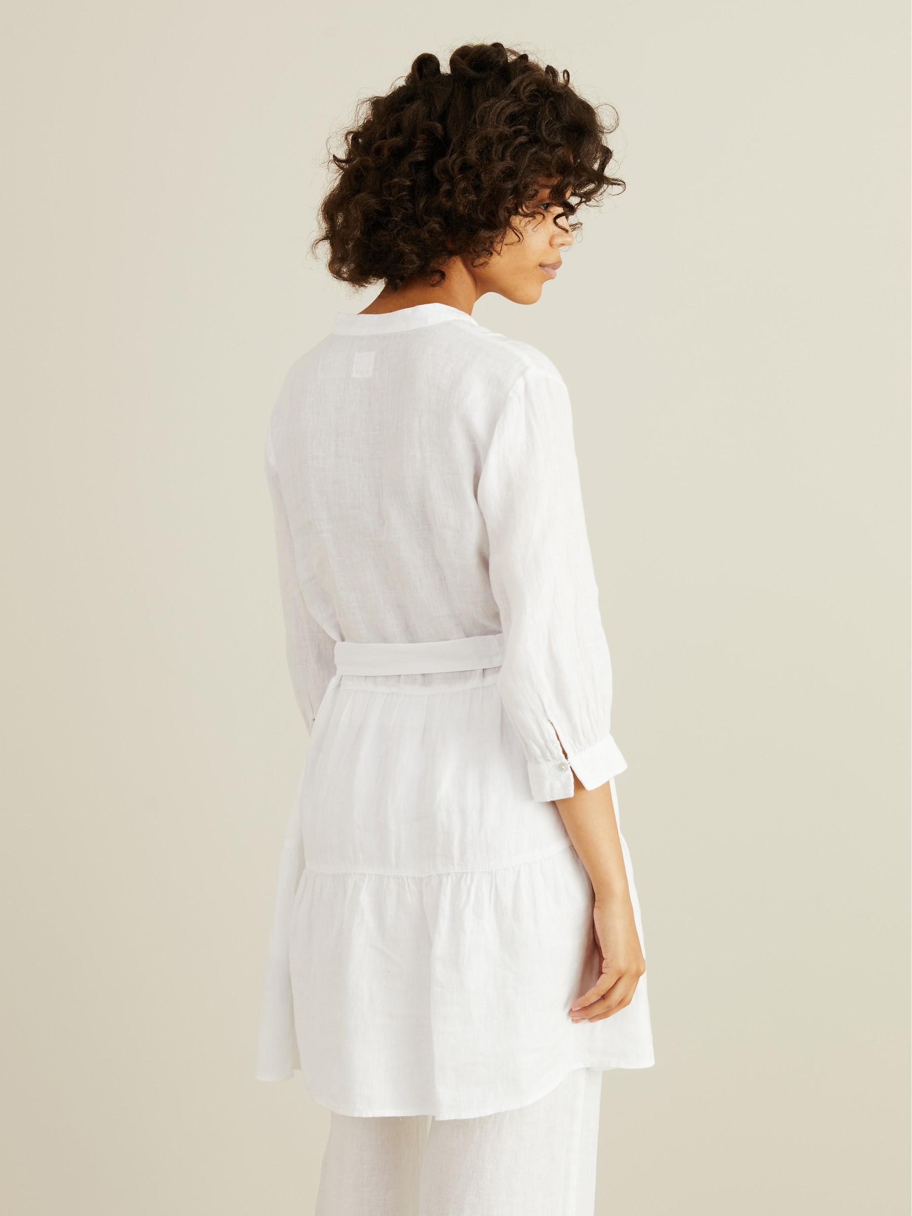 120% Lino Leinenkleid mit Bindegürtel Weiß