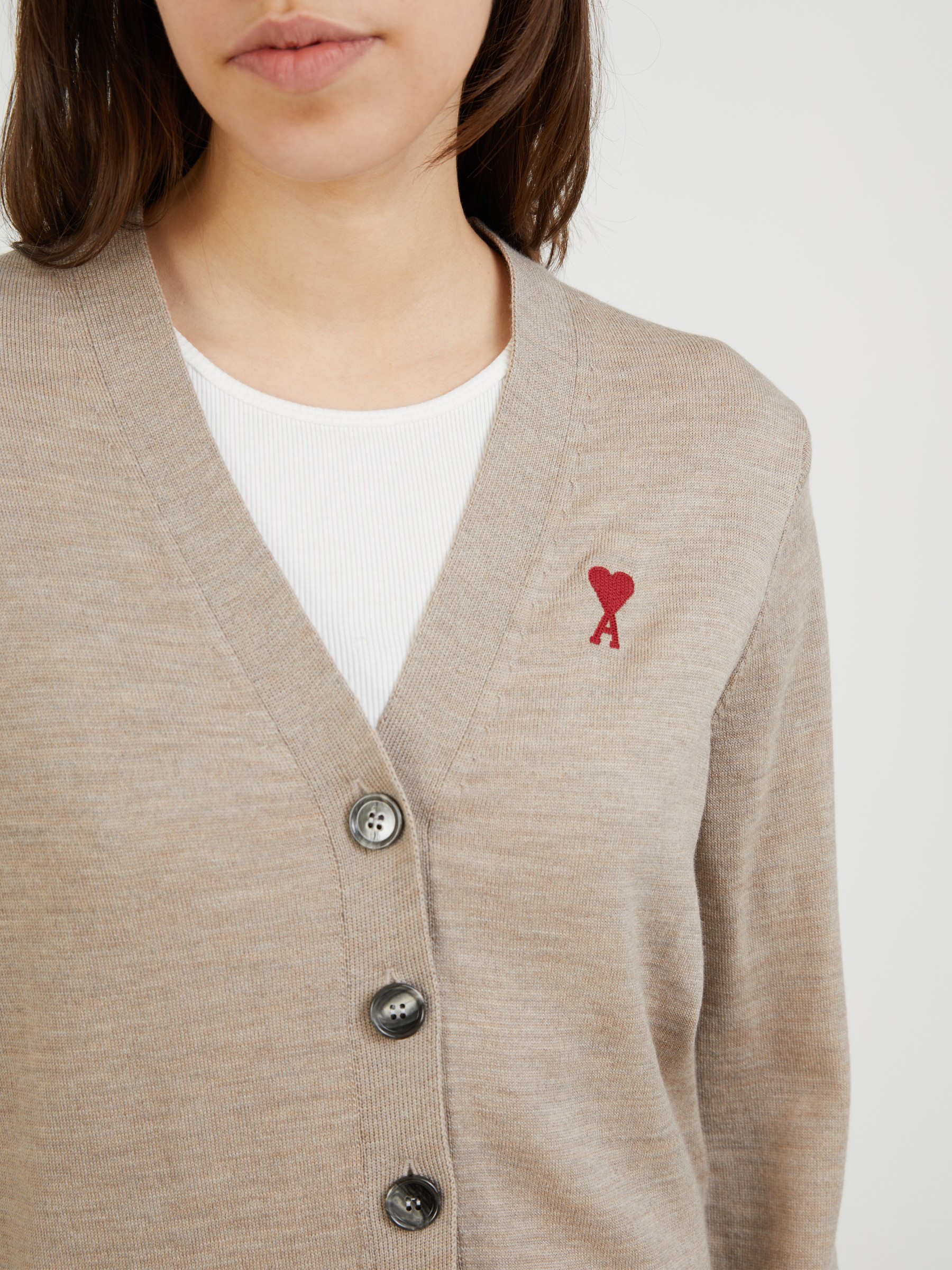 AMI PARIS Wool Cardigan with Embroidered Logo Beige | Cashmere & Knits